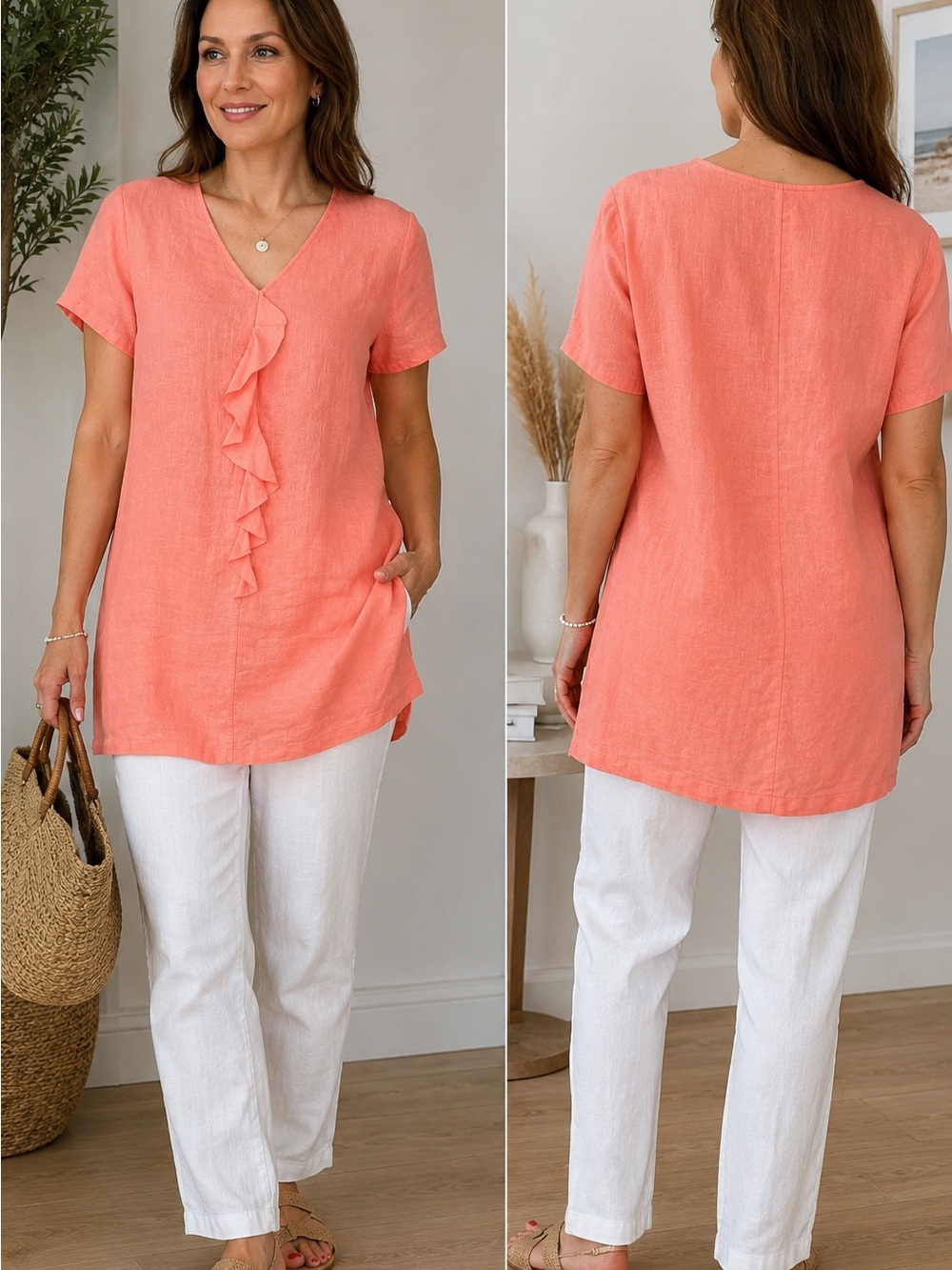 Hot Cotton Coral Ruffle V-Neck Linen Tunic